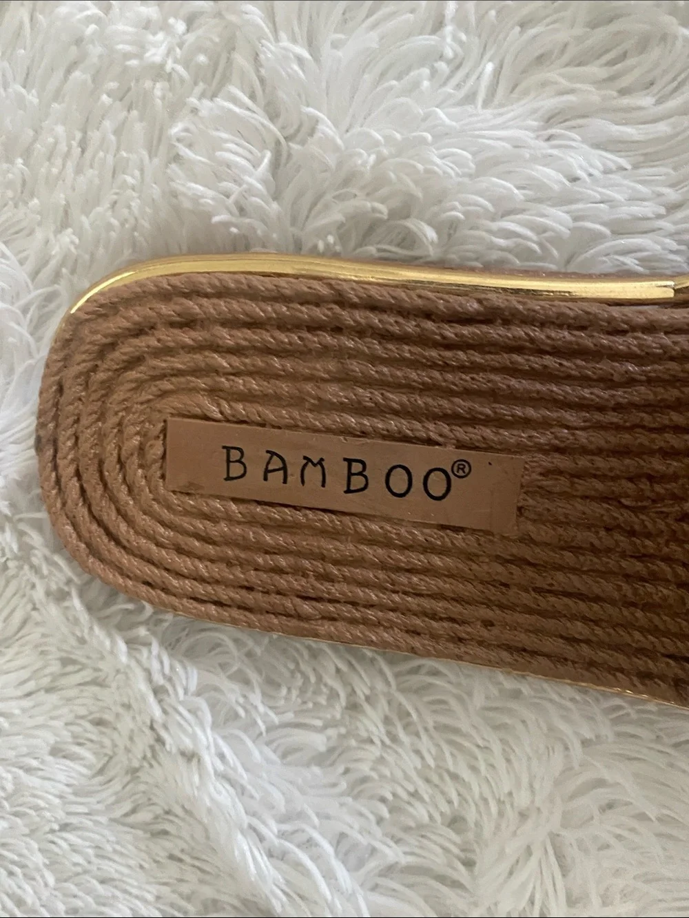 BAMBOO Black Bow Slide Sandals with Brown Footbed and Gold Trim